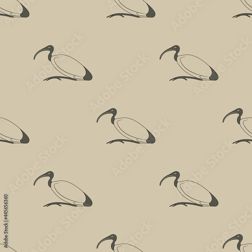 Seamless monochrome animal pattern with sacred ibis. Ancient Egyptian sacred bird of god Thoth.