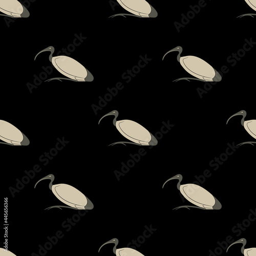 Seamless animal pattern with sacred ibis. Ancient Egyptian sacred bird of god Thoth. On black background.