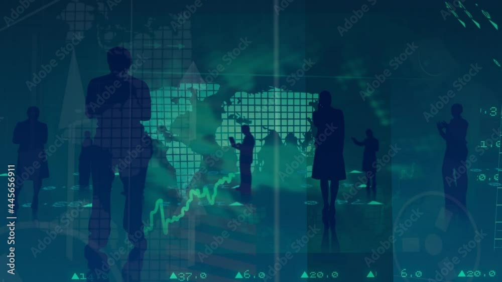 Animation of business people with world map and financial data processing Animation of business people with world map and financial data processing