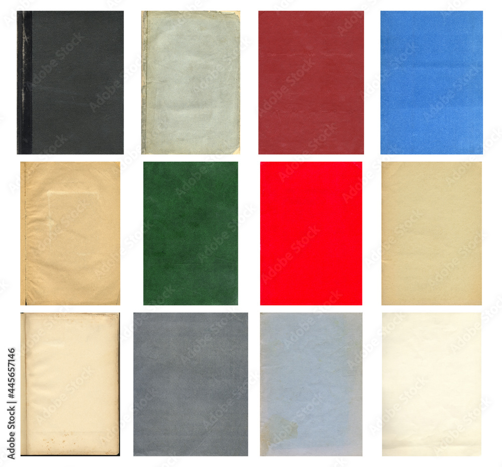 Old paper textures set. Blank retro pages and old book covers with rough faded surface. Perfect for background and vintage style design. Empty place for text.