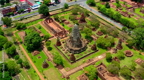 Aerial view of Ayutthaya temple, Wat Ratchaburana, empty during covid, in Phra Nakhon Si Ayutthaya, Historic City in Thailand photo