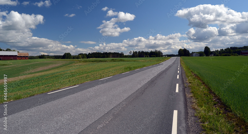 Typical scandinavian landscape with meadows, fields and village.  Norway.