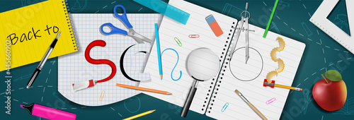 Back to school banner with realistic school supplies