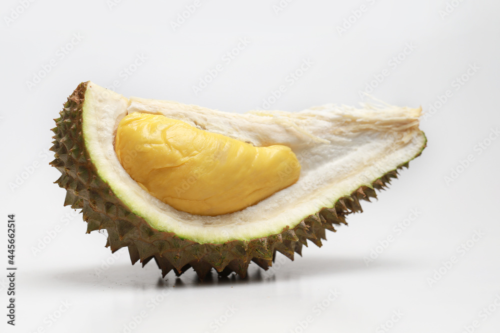 Fototapeta premium Ripe Durian fruit. Peeled durian fruit isolated on white background