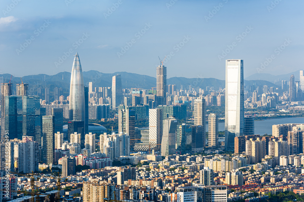 High angle shooting of Shenzhen Bay and Futian CBD urban skyline