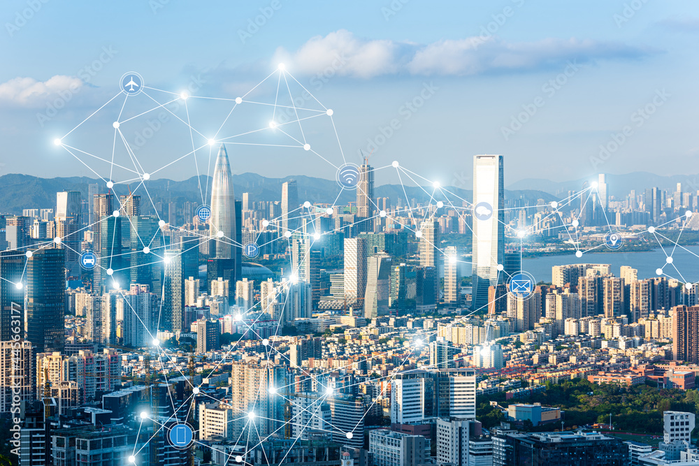 Naklejka premium Shenzhen urban scenery and 5g technology concept