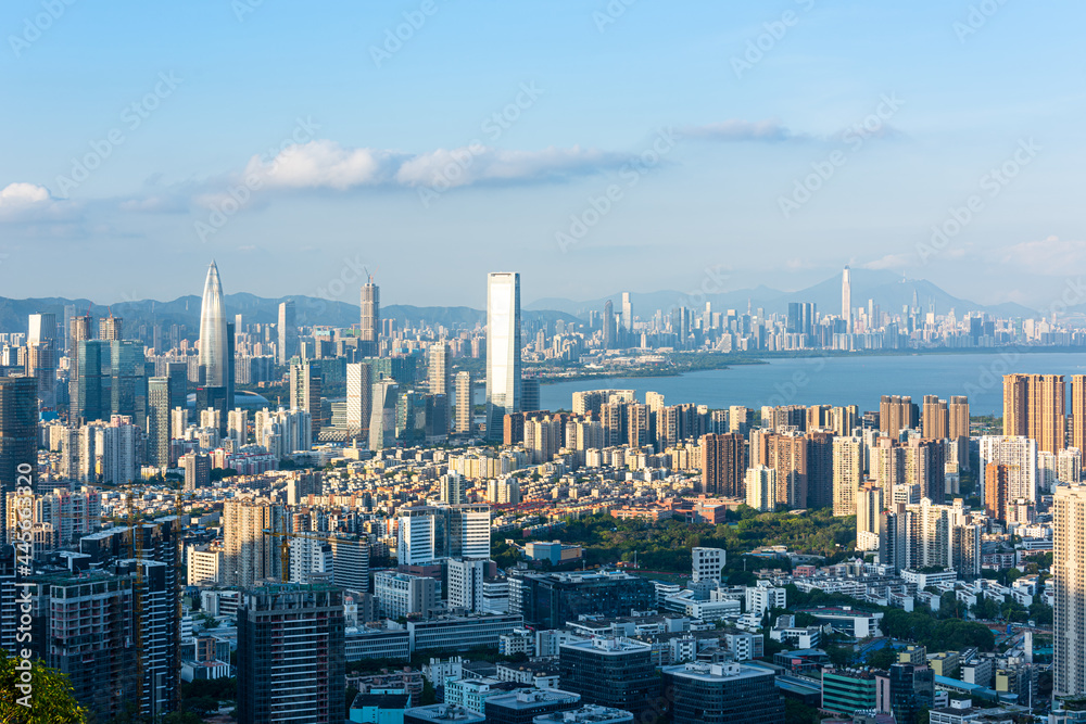 Obraz premium High angle shooting of Shenzhen Bay and Futian CBD urban skyline