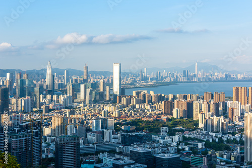 High angle shooting of Shenzhen Bay and Futian CBD urban skyline