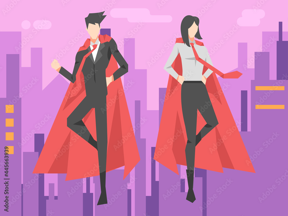 businessman and businesswoman flying with red cape, tie. superheroes isolated on a purple background with building. suitable for business themes, heroes, work, etc. flat vector illustration