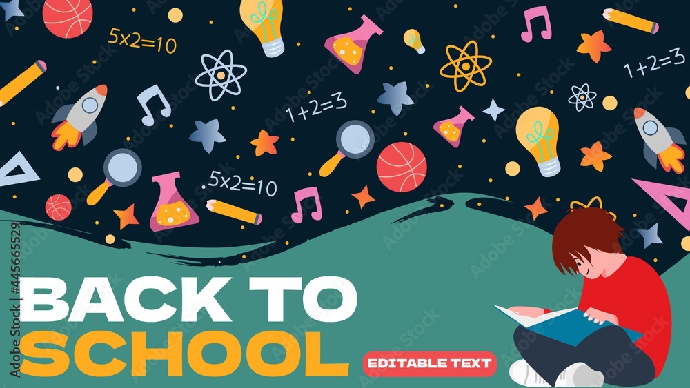 Back to school vector banner design with colorful school characters, educational items and space for text in the background. Vector illustration.