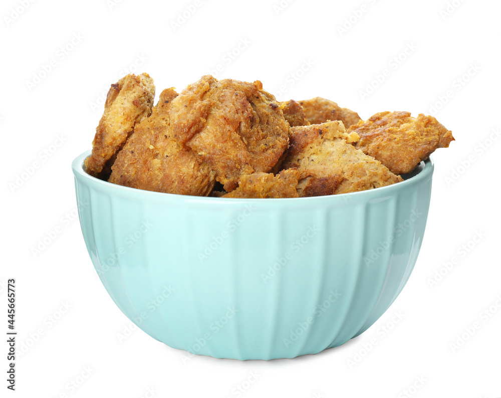 Delicious cooked soy meat in bowl on white background
