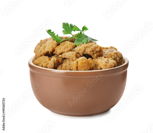 Delicious cooked soy meat with parsley in bowl on white background