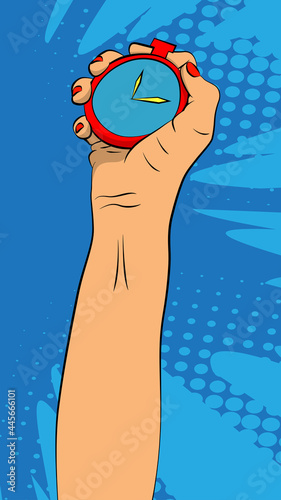 Hand Holding Stopwatch. Comic book style vector illustration.