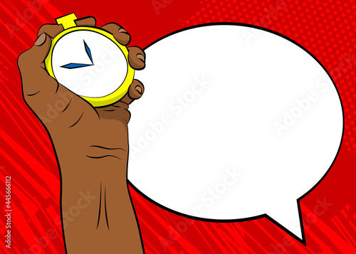 Afro-American Hand Holding Stopwatch. Comic book style vector illustration.