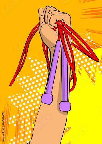 Caucasian female hand holds a skipping rope. Cartoon, comic book style vector illustration of a jumping rope. Drawn fitness equipment.