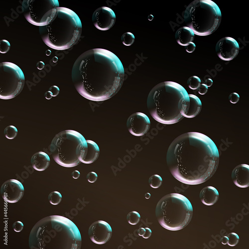 Black texture illustration, multicolored soap bubbles of various diameters