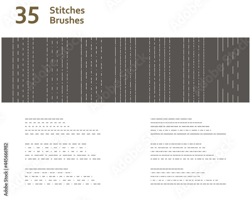 Set of 35 stitches dash brushes + editable raw vector for road marking, technical drawing, fashion industry, border frame outline. Created using AI CS6.