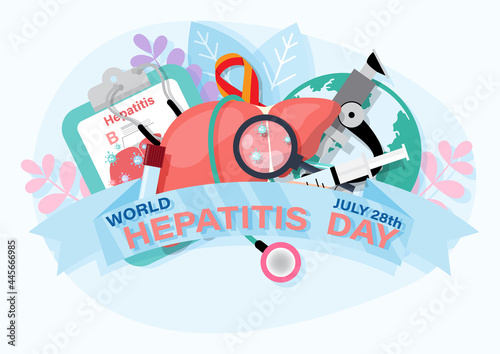 Concept of world hepatitis day with medical tools and globe in vector design.