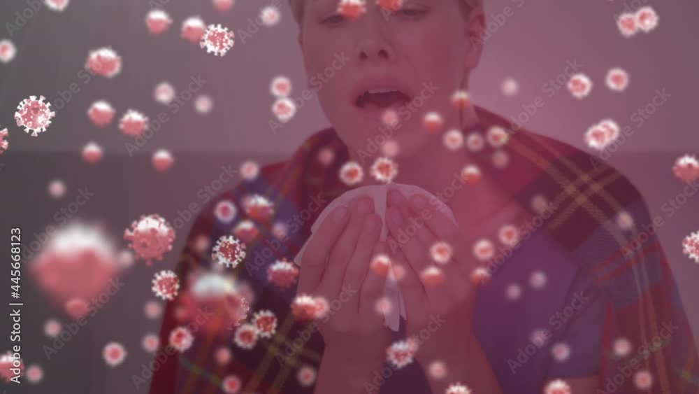 Animation of covid 19 cells floating over sick woman Animation of covid 19 cells floating over sick woman