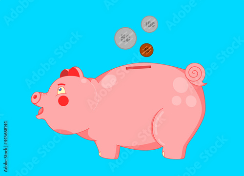 Cute vector illustration of a children's piggy bank with coins. Isolated on a blue background. Friendly pig toy.