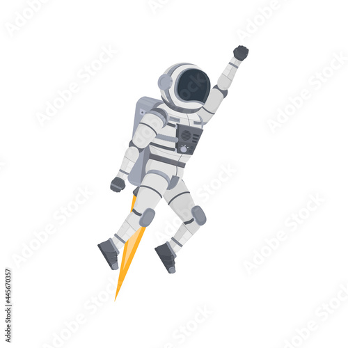 Astronaut space mission. Spaceman flight on a rocket, vector illustration