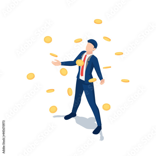 Isometric Busienssman Under The Rain of Golden Money Coin