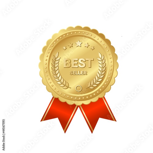 Vector illustration, Golden best seller badge with red ribbon, isolated on white background.