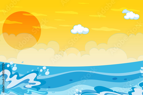 illustration of a landscape  abstract of ocean waves with cloud and sun on yellow background