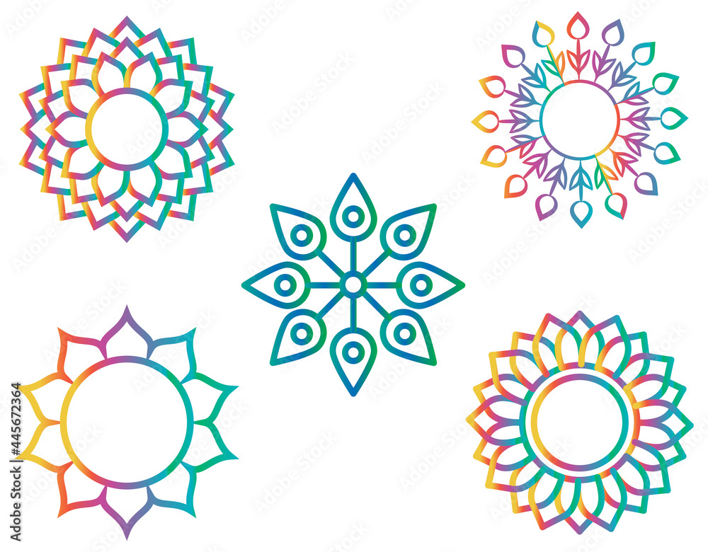 Gradient mandala set of 5 for print, textile, home decoration, meditation utilization Gradient mandala set of 5 for print, textile, home decoration, meditation utilization