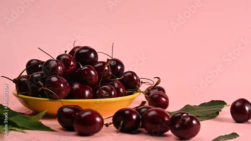 Ripe cherries with stalks and leaves on pink background.