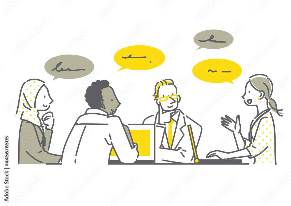 グローバルな人材のミーティング ビジネスシーン シンプルでお洒落な線画イラスト Stock Illustration Adobe Stock