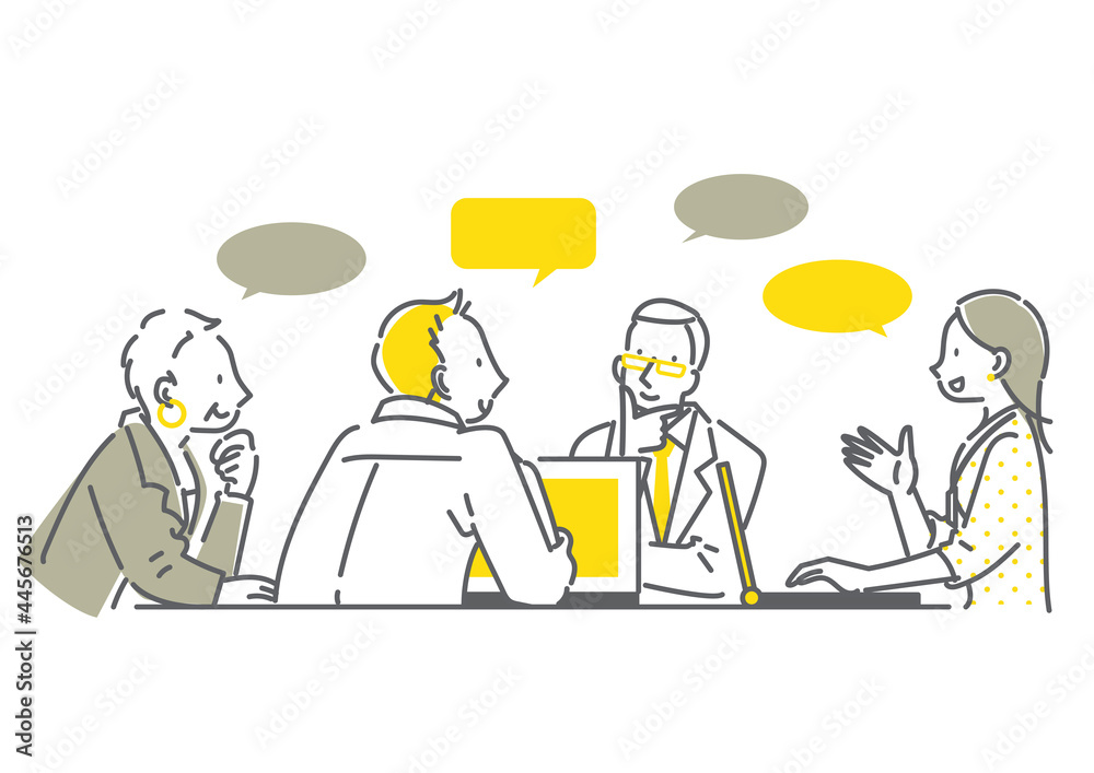 男女4人のビジネスチームのミーティング　シンプルでお洒落な線画イラスト
