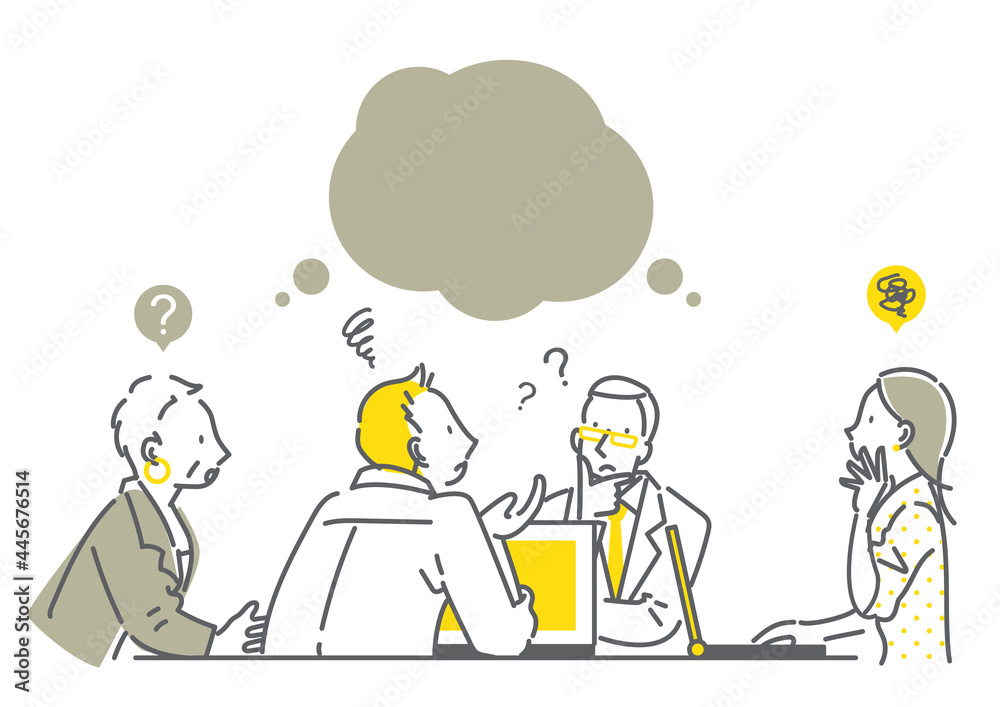 男女4人のビジネスチームのミーティング　シンプルでお洒落な線画イラスト　問題解決