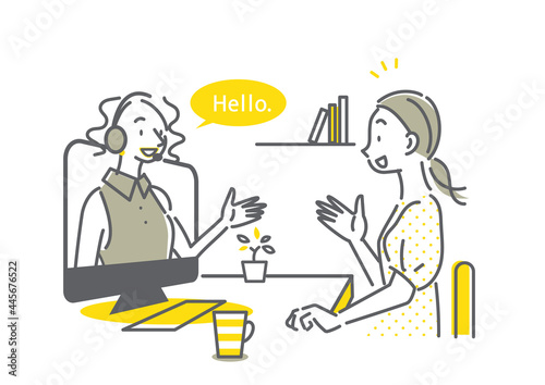自宅でオンライン英会話のレッスンを受ける女性のイラスト　シンプルでお洒落な線画 © fumi