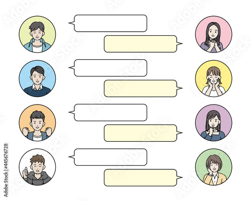 若い男女 人々 若者 笑顔 グループトーク 吹き出し 話す 大学生 男性 女性 イラスト素材