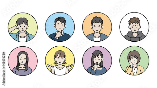 若い男女　アイコン　人々　若者　困る　悩む　不安　大学生　男性　女性　イラスト素材