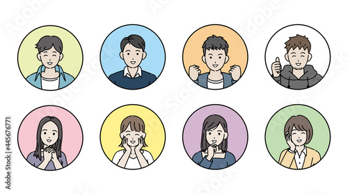若い男女　アイコン　人々　若者　笑顔　喜ぶ　大学生　男性　女性　イラスト素材