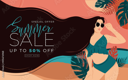 Summer sale banner. Vector illustration of woman in a flat design bikini dress
