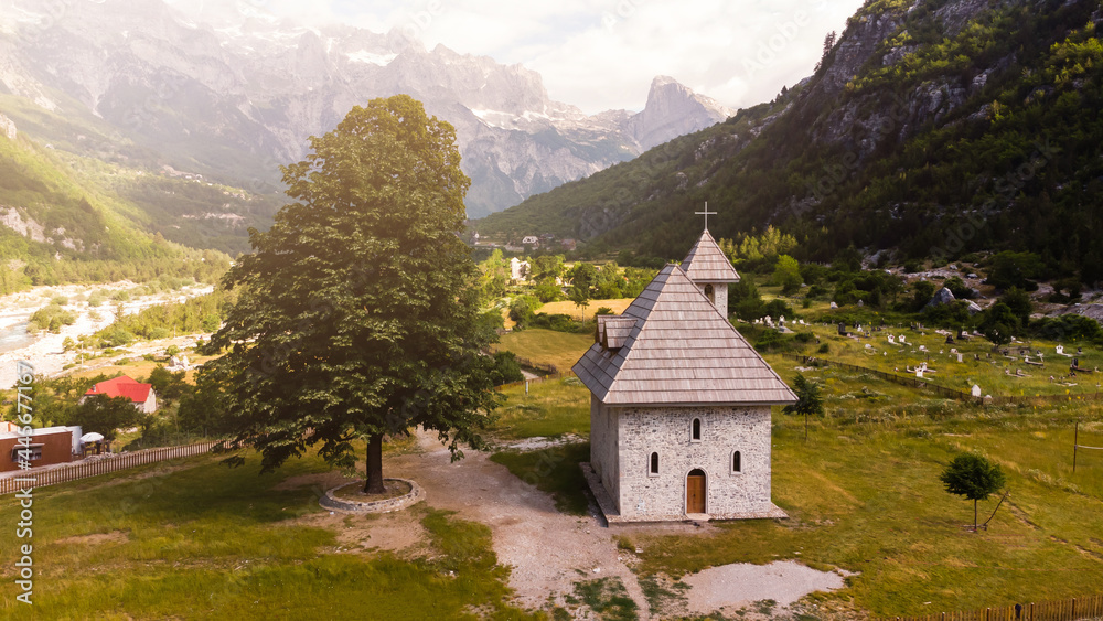 A Catholic Church in the village of Theth in Prokletije in the Acursed Mountains of Albania. The community is at the centre of the Theth National Park, an area of outstanding natural beauty.
