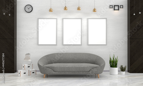 Gray sofa in white living room with mockup frames, 3D rendering