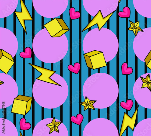 
Trendy vector seamless print with lightning, circles, stars and cubes. 1980s and 1990s pop art background. Abstract background for children and adults. Pattern for printing on fabrics and paper.