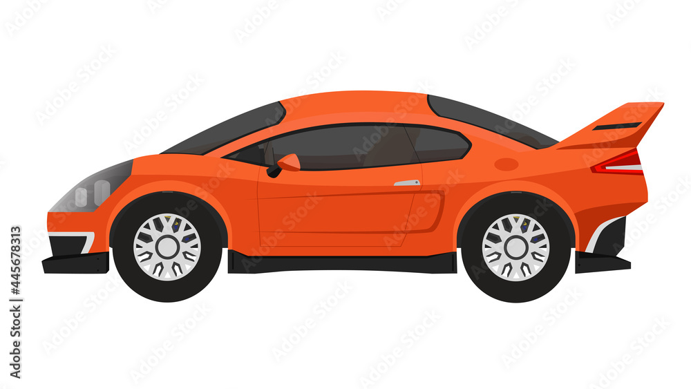Fototapeta premium Stylish orange sports car vector icon. Clear glass that sees the interior equipment. On isolated white background.