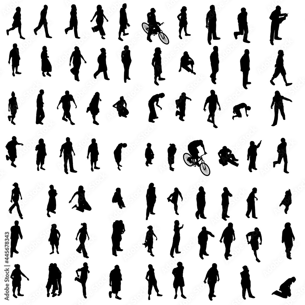 Set with silhouette of people standing in different poses isolated on white background. Vector illustration