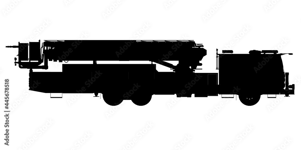 Silhouette of a fire engine isolated on a white background. Side view. Vector illustration