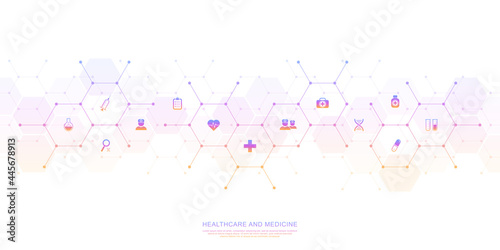 Medical background and healthcare technology with flat icons and symbols. Design template of concept and idea for health care business, innovation medicine, health safety, science. Vector illustration