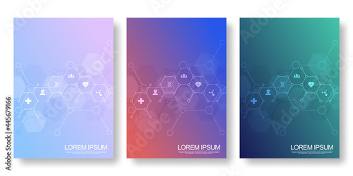 Template brochure or cover book, page layout, flyer design. Concept and idea for health care business, innovation medicine, pharmacy, technology. Medical background with flat icons and symbols