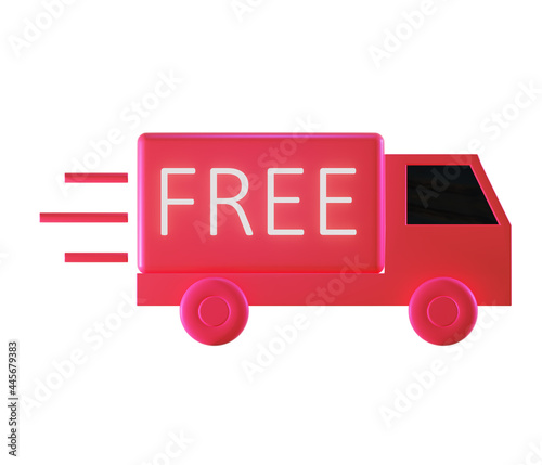 3d rendered pink truck with glowing word Free, isolated on white background, Free delivery icon concept.