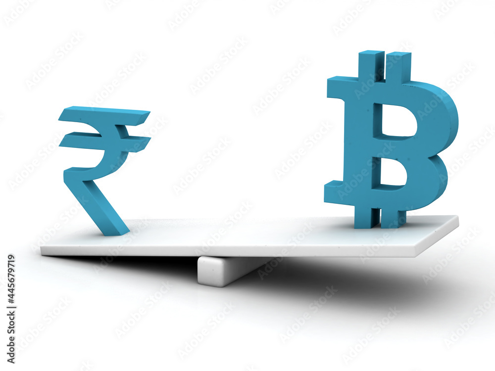 3d illustration of indian rupee and bitcoin on scale board 3d illustration of indian rupee and bitcoin on scale board