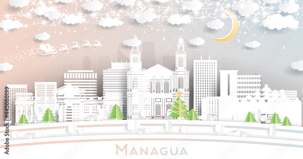 Managua Nicaragua City Skyline in Paper Cut Style with Snowflakes, Moon and Neon Garland.