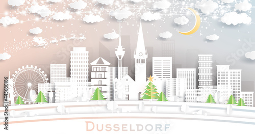Dusseldorf Germany City Skyline in Paper Cut Style with Snowflakes, Moon and Neon Garland.